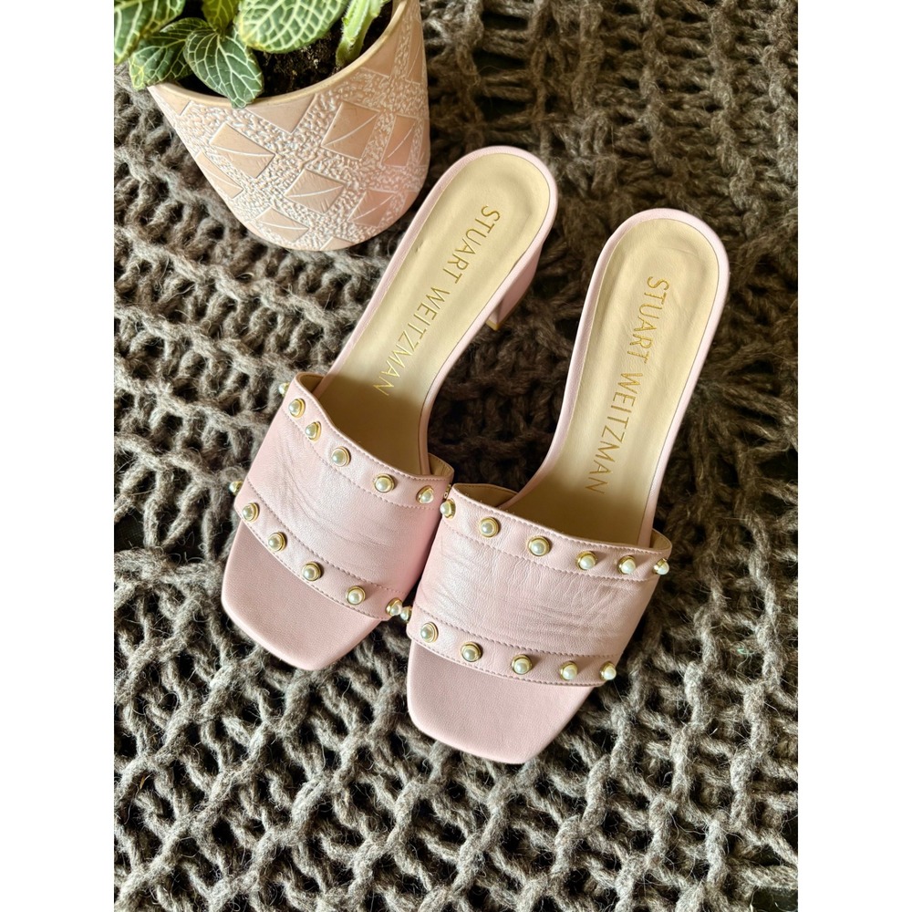 Stuart Weitzman Cayman in Ballet Pink || Embellished Block Heeled Sandals 7.5B